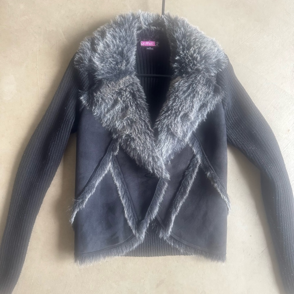 Say What Black Suede Patchwork Knit Back Sweater Cardigan, Grey Faux Fur Lapel M